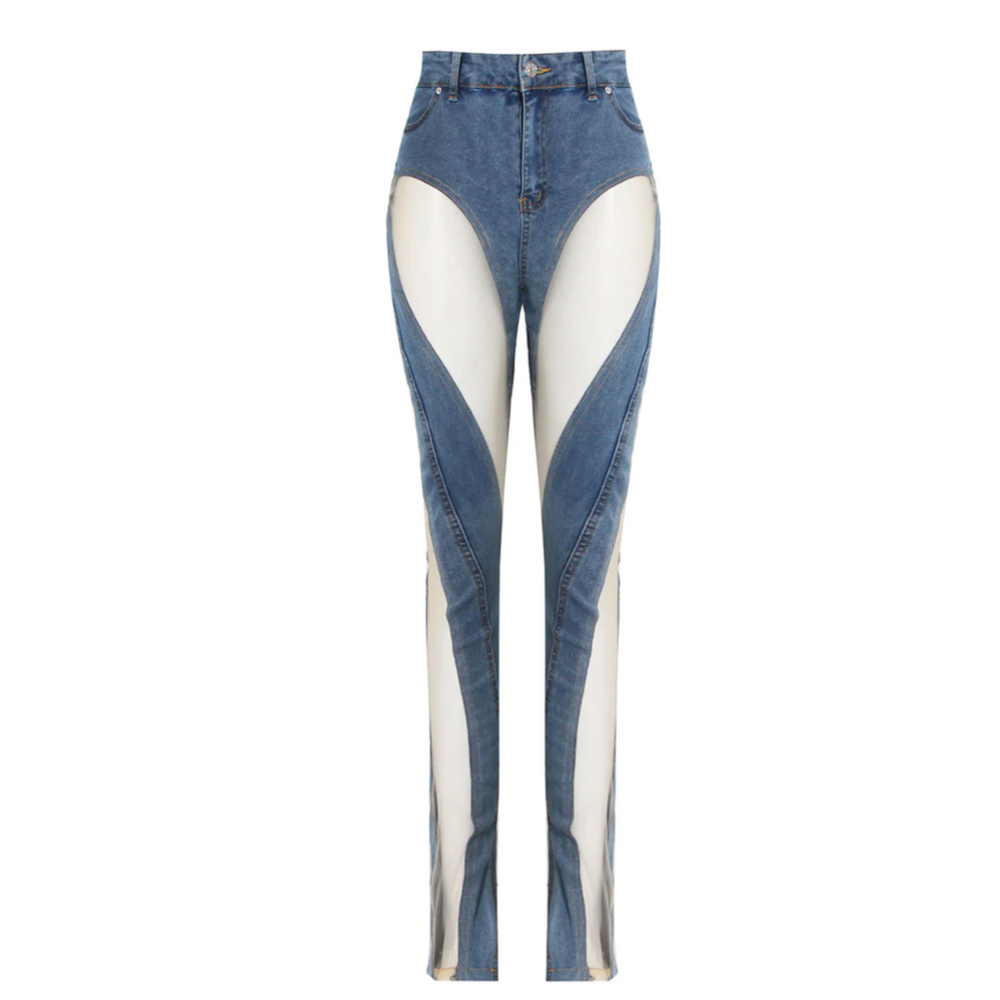 
                      
                        Sheer Cut Out Panel High Waist Jeans
                      
                    