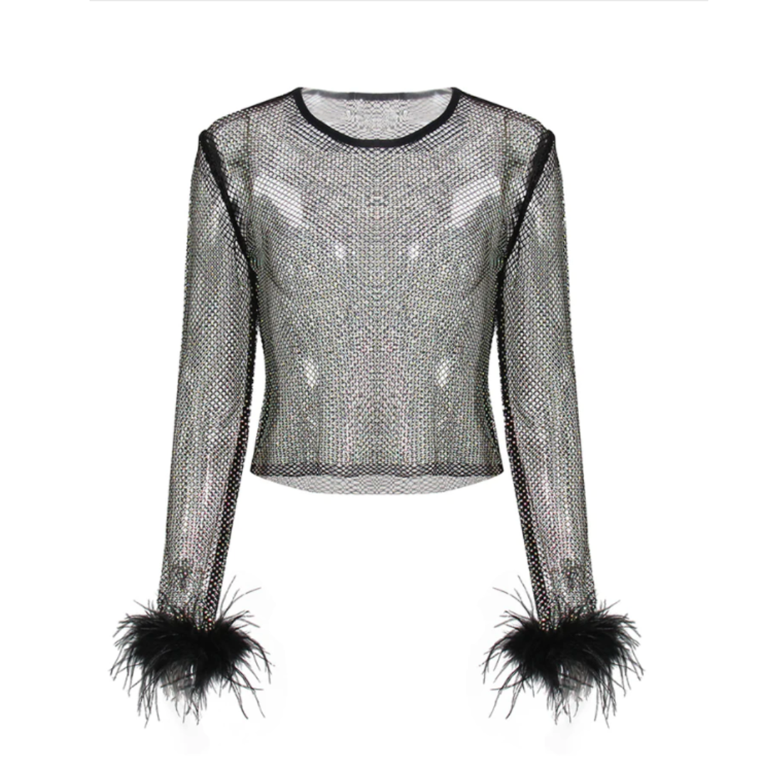 Crew Neck Feather Cuff Rhinestone Tee