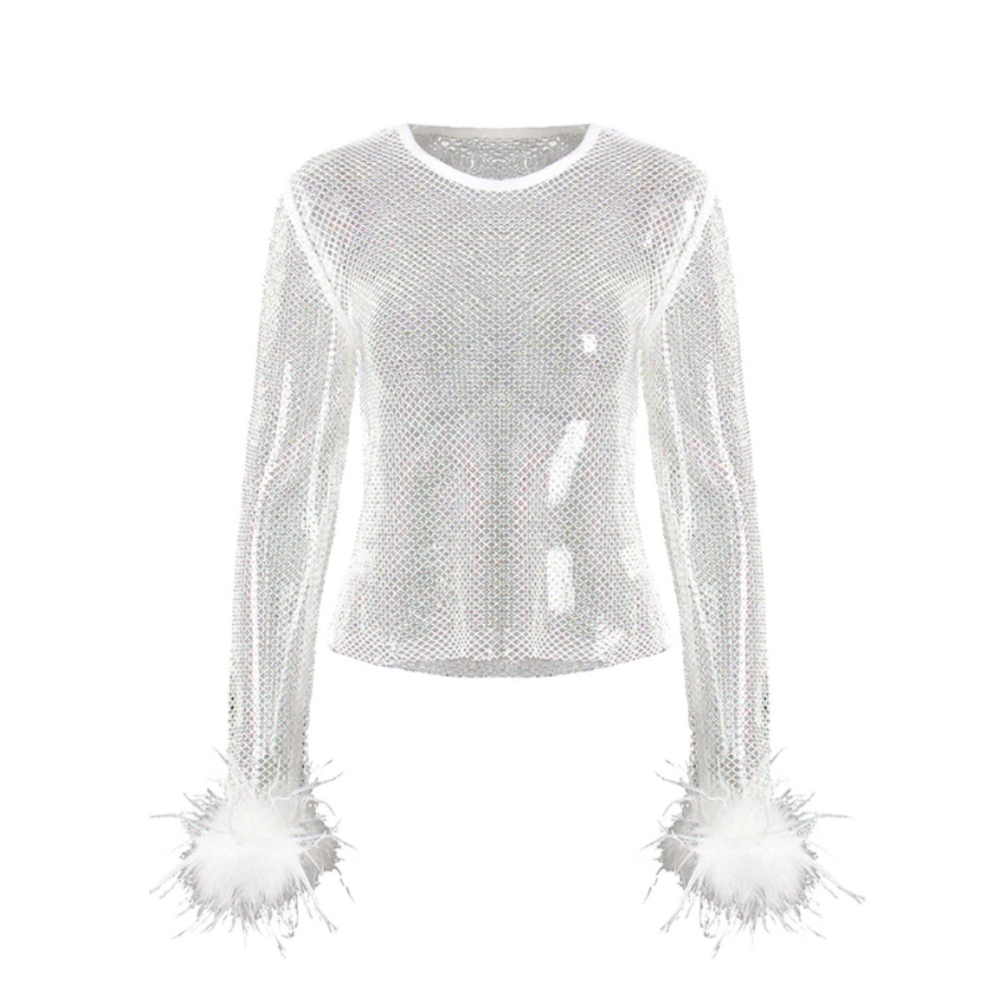 
                  
                    Crew Neck Feather Cuff Rhinestone Tee
                  
                