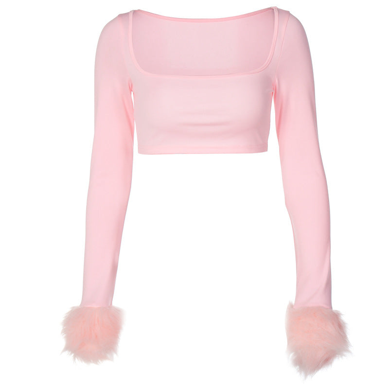 Furry Cuff Long Sleeve Crop Top