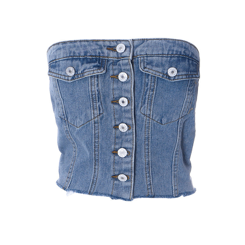 Blue Denim Strapless Crop Top