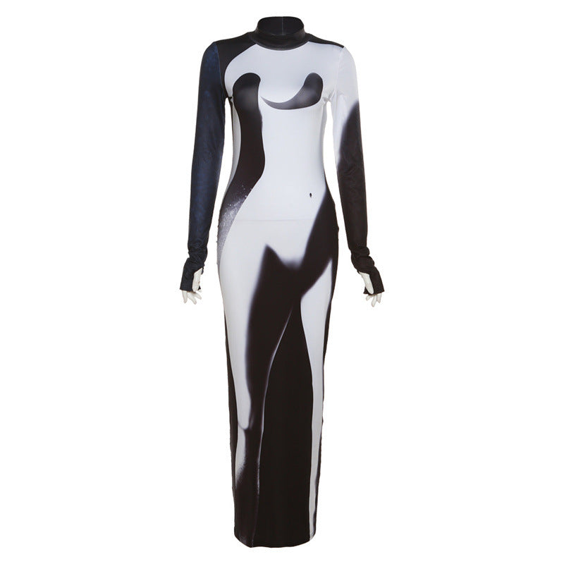 3D Body Print Long Sleeve Bodycon Maxi Dress