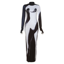  3D Body Print Long Sleeve Bodycon Maxi Dress