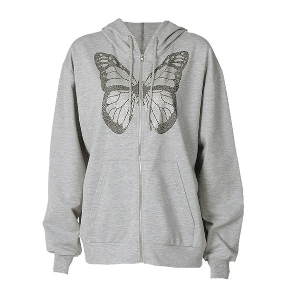 Rhinestone Butterfly Zip Up Hoodie