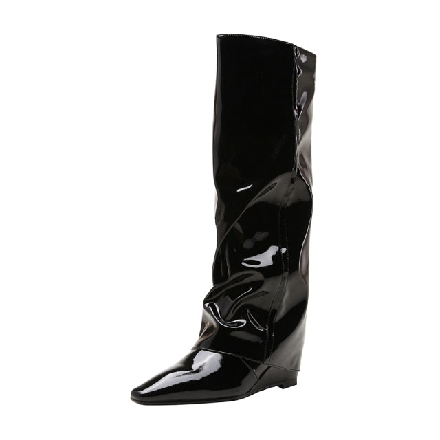 Tall Liquid Faux Leather Wedge Boots